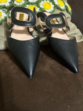 Rupert Sanderson Black Pointed Leather Mules with gold accents